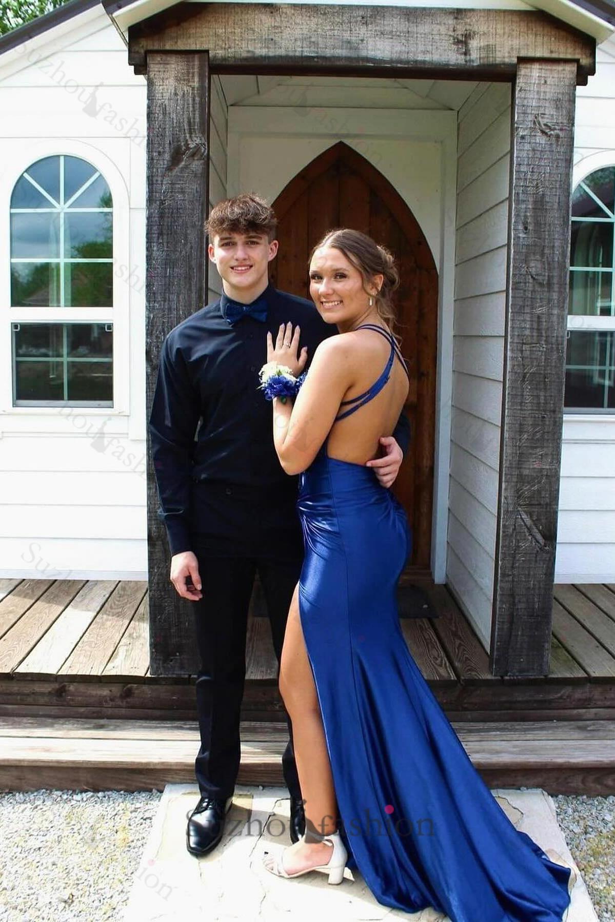 Column Satin Scoop Sleeveless Blue Prom Dress Formal Dress With Appliq   suzhoufashion