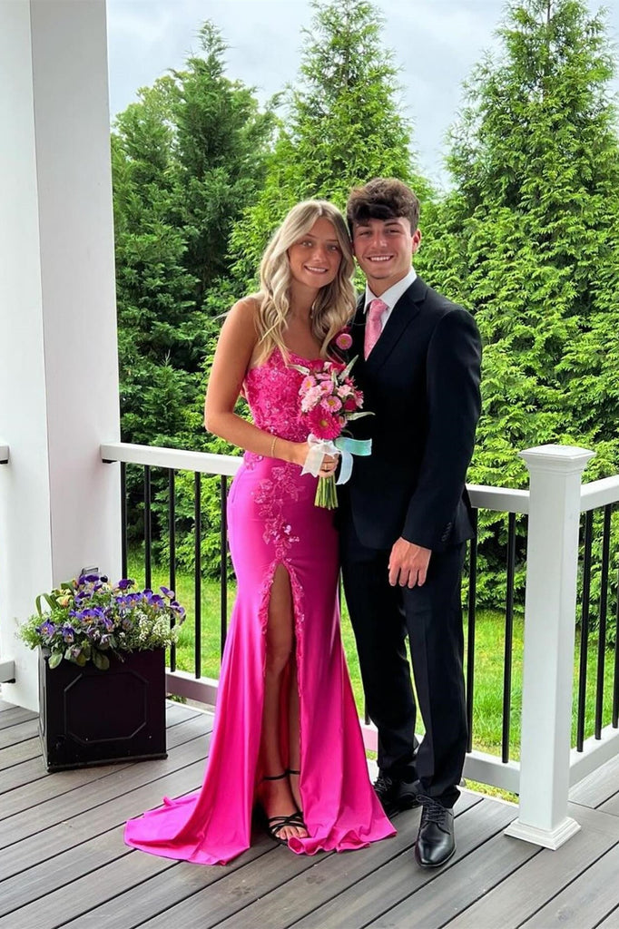 Column Satin Spaghetti Straps Sleeveless Pink Prom Dress Formal Dress With Appliques Slit