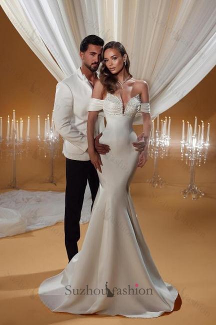 Column Satin Wedding Dress Off The Shoulder Sleeveless Ivory Bridal Gown With Beading Column Satin Wedding Dress Off The Shoulder Sleeveless Ivory Bridal Gown With Beading