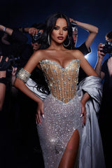 Column Sweetheart Sleeveless Sequined Slit Tulle Formal Dress With Rhinestones