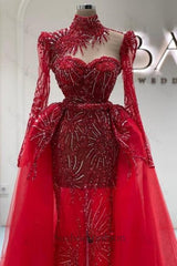 Column Tulle Prom Dress Lace Sweetheart Sleeve Red Formal Dress With Panel Train