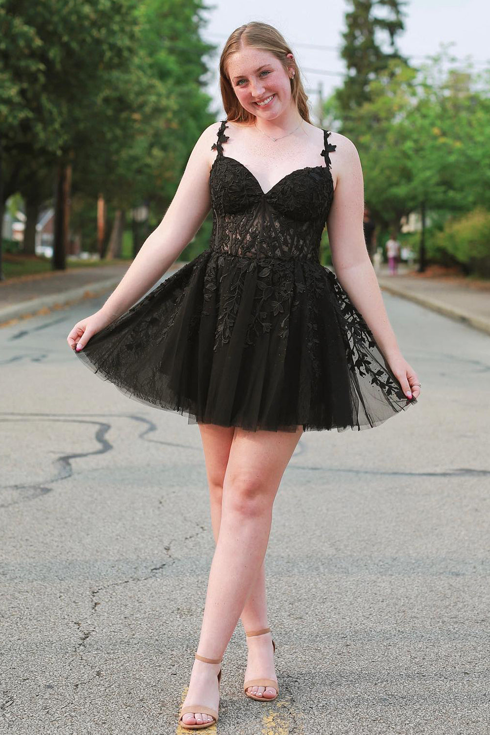 navy blue dress for baby girl Sky Blue Tulle A-line Backless Homecoming Dresses With Lace Appliques, MH638 main image 0