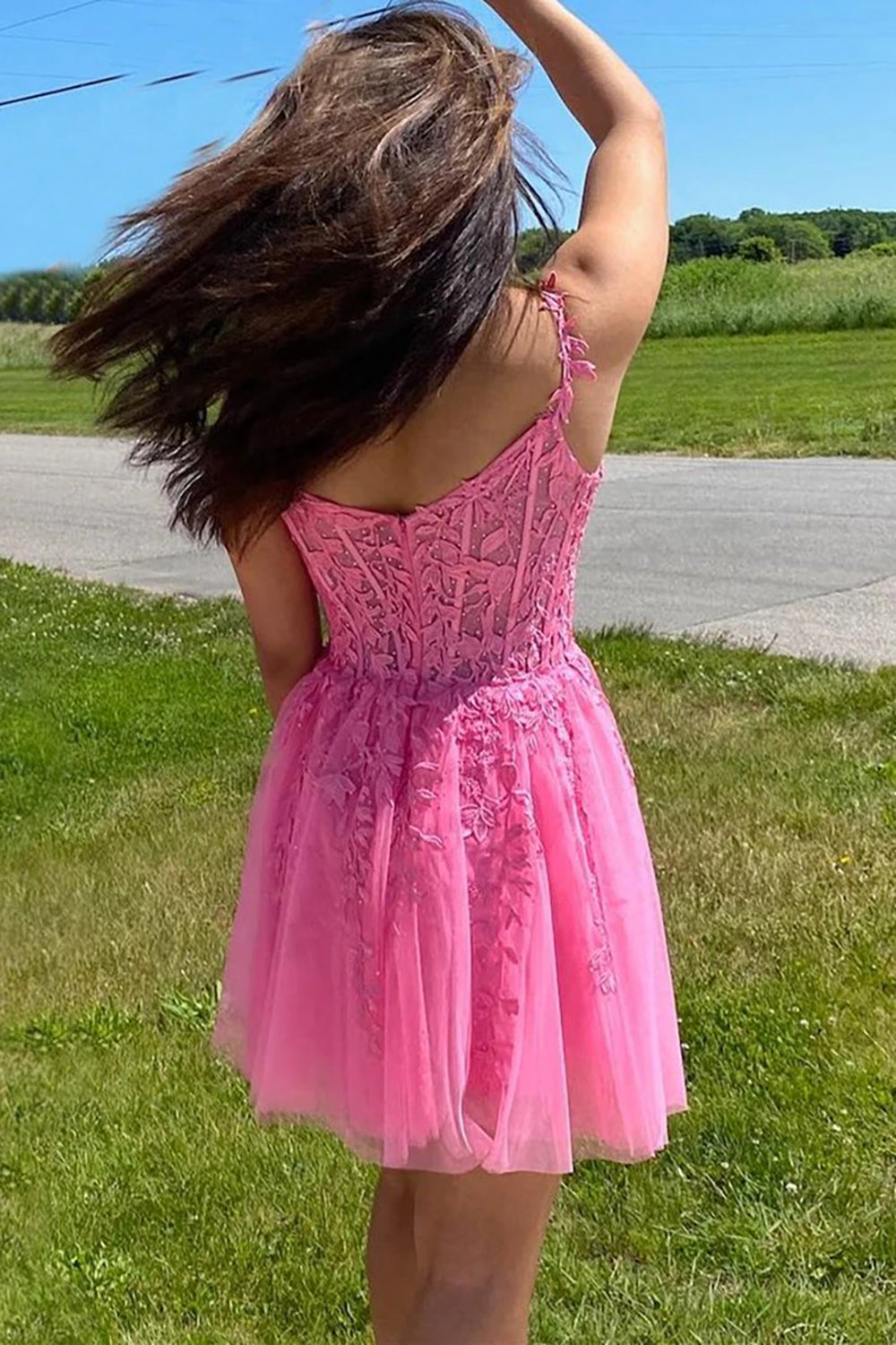 Coral Homecoming Dresses Backless Short Cocktail Dress with Appliques
