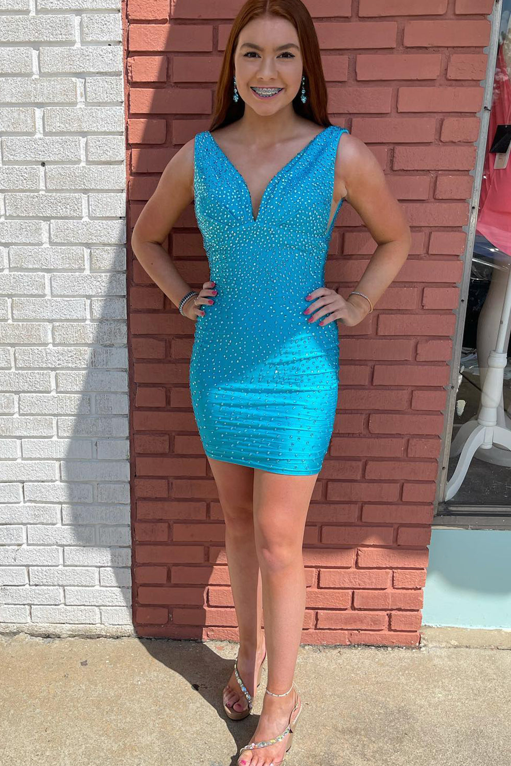 Coral Homecoming Dresses Beaded V-Neck Backless Tight Short Cocktail Dresses