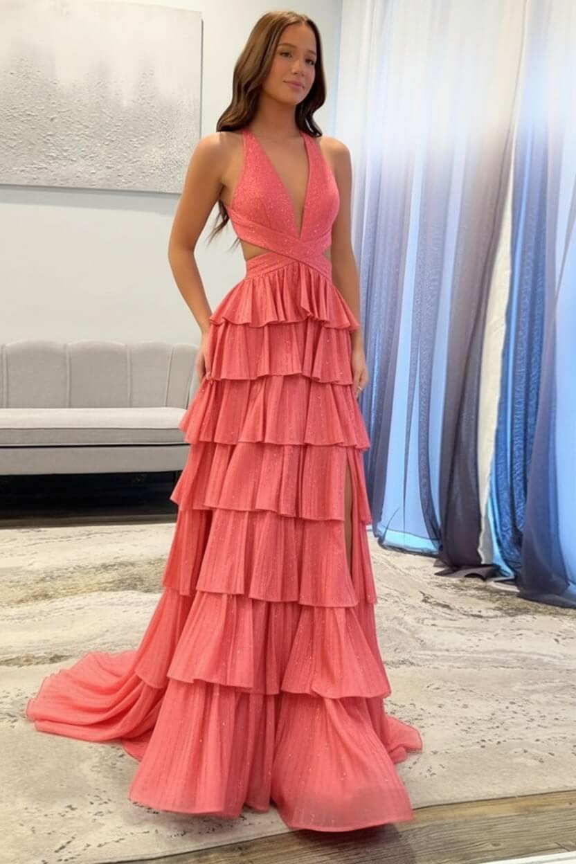 Suzhoufashion Emerald Green Prom Dress Tiered A-Line Halter Long Formal Dress With Slit Suzhoufashion Emerald Green Prom Dress Tiered A-Line Halter Long Formal Dress With Slit