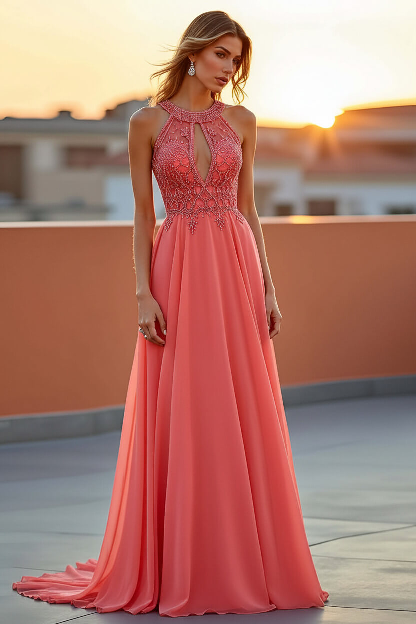 Beaded Navy Wedding Guest Dress Halter Long Formal Dress With Embroideries