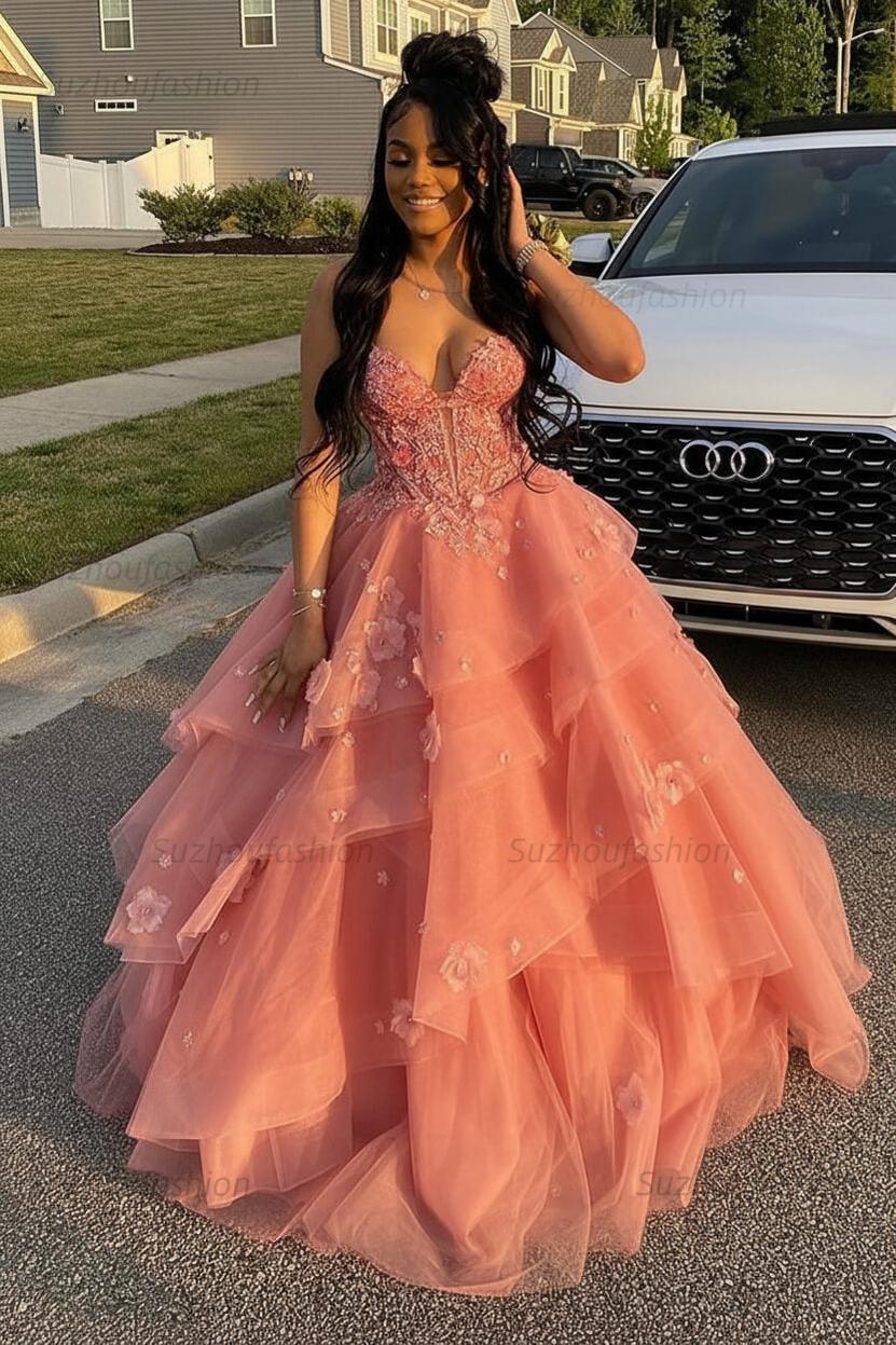 Suzhoufashion Sage Prom Dress Floral Tiered Ruffles A-Line Sweetheart Corset Long Formal Dress, Sage
