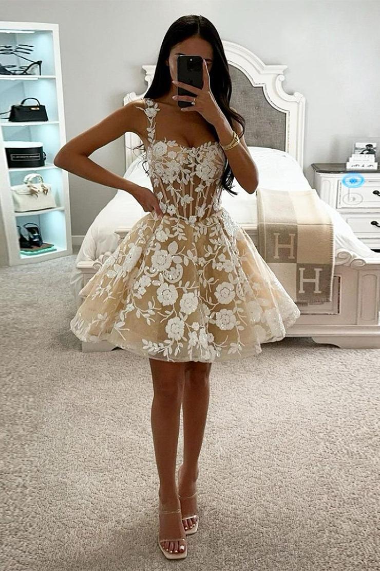 Corset Champagne Homecoming Dress Floral A-Line Short Prom Dress Suzhoufashion Corset Champagne Homecoming Dress Floral A-Line Short Prom Dress Suzhoufashion