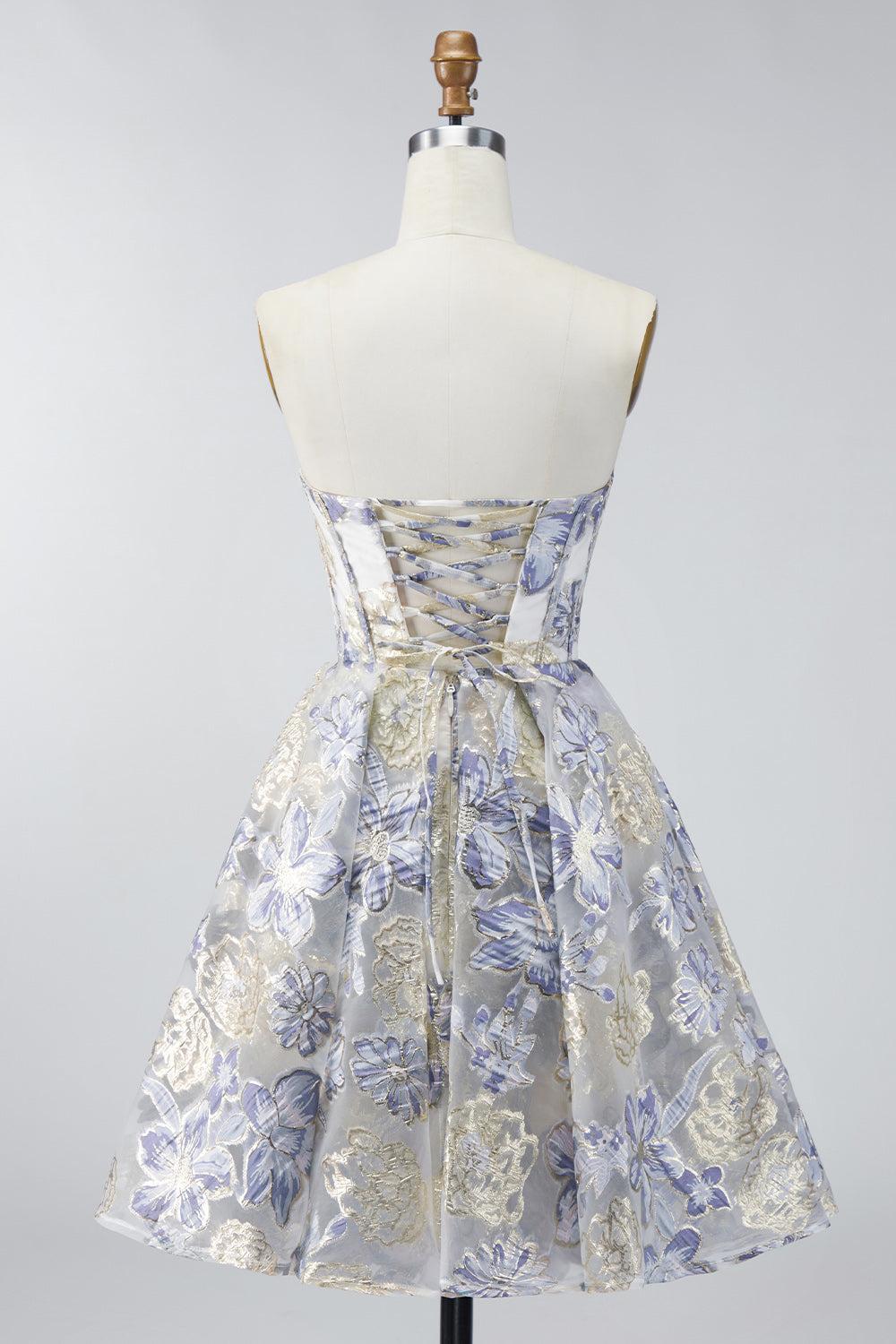 Corset Floral Dusty Blue A Line Jacquard Short Strapless Homecoming Dress