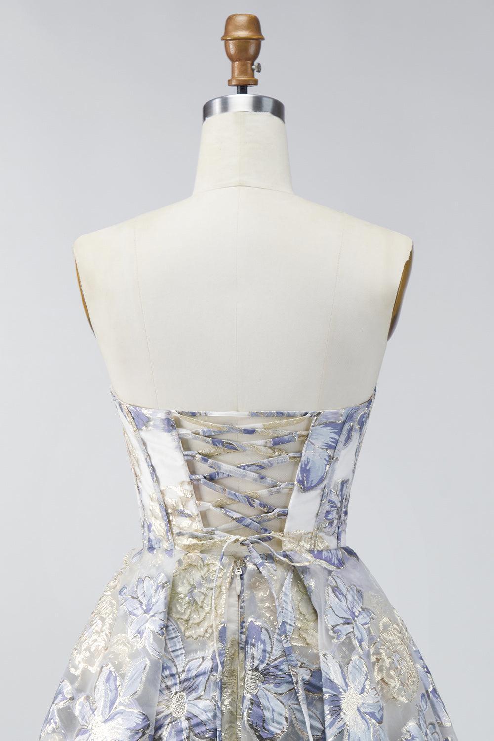 Corset Floral Dusty Blue A Line Jacquard Short Strapless Homecoming Dress