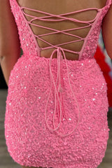 Corset Fuchsia Homecoming Dress Sequin Tight Short Prom Dress