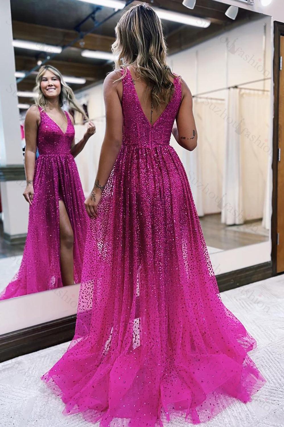 Suzhoufashion Corset Fuchsia Prom Dress V-Neck Long Formal Dress With Slit suzhoufashion Suzhoufashion Corset Fuchsia Prom Dress V-Neck Long Formal Dress With Slit suzhoufashion