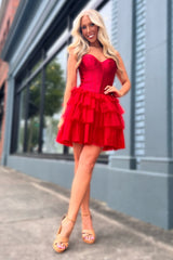 Corset Red Homecoming Dresses Sweetheart Short Cocktail Dresses With Ruffles