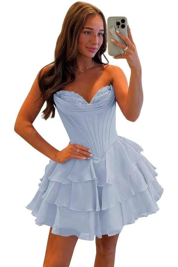 Corset Tiered A Line Homecoming Dresses Chiffon Short Cocktail Dresses