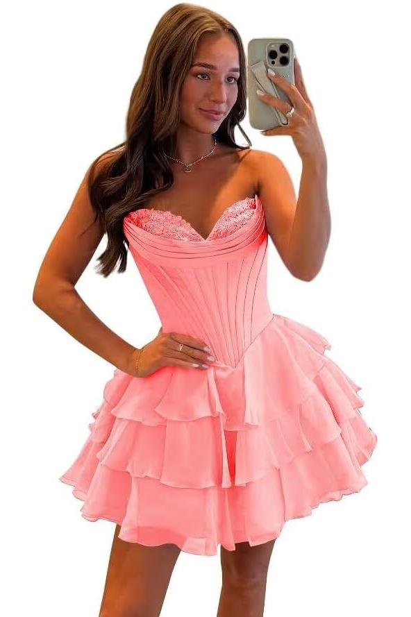 Corset Tiered A Line Homecoming Dresses Chiffon Short Cocktail Dresses
