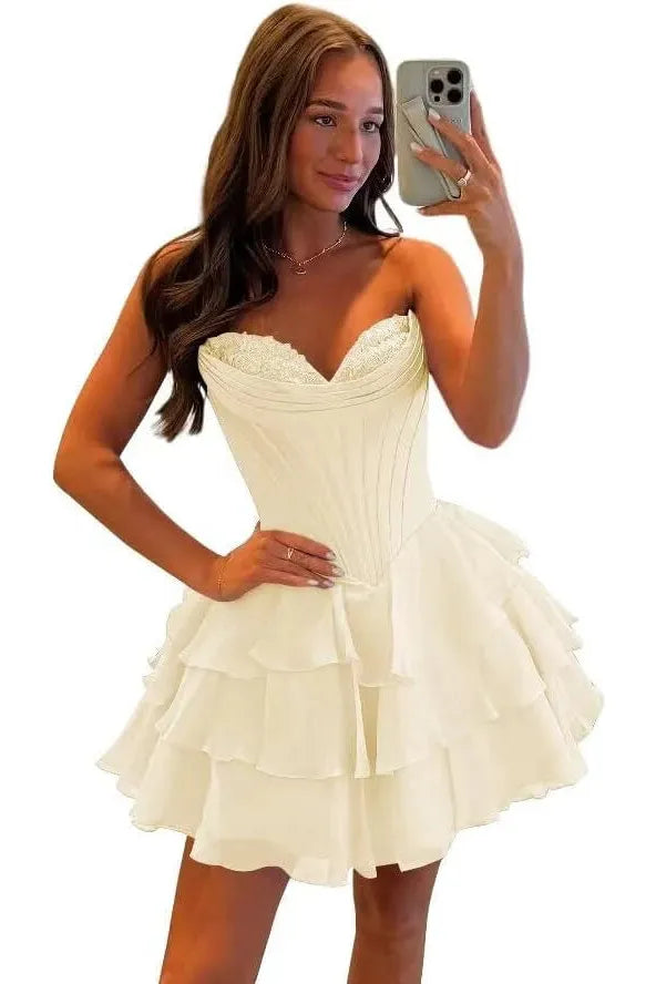Corset Tiered A Line Homecoming Dresses Chiffon Short Cocktail Dresses