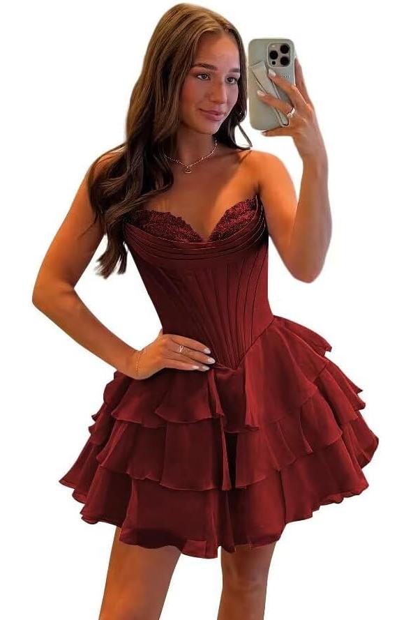 Corset Tiered A Line Homecoming Dresses Chiffon Short Cocktail Dresses