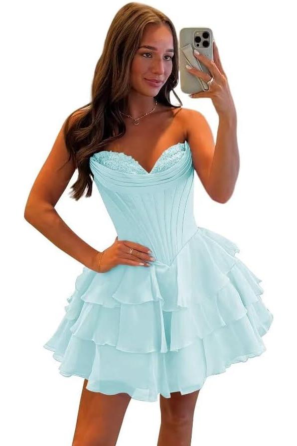 Corset Tiered A Line Homecoming Dresses Chiffon Short Cocktail Dresses