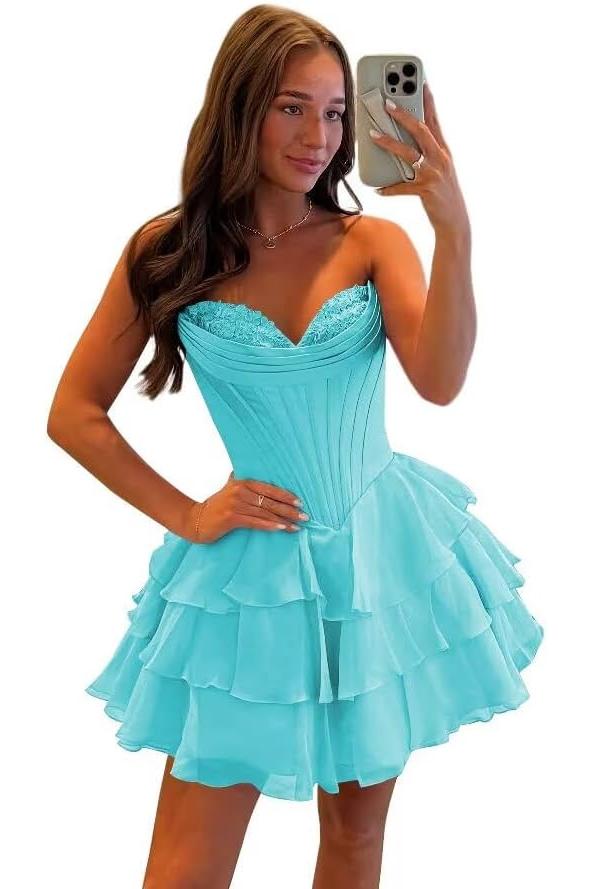 Corset Tiered A Line Homecoming Dresses Chiffon Short Cocktail Dresses