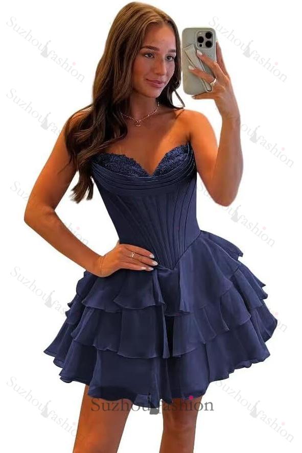 Corset Tiered A Line Homecoming Dresses Chiffon Short Cocktail Dresses