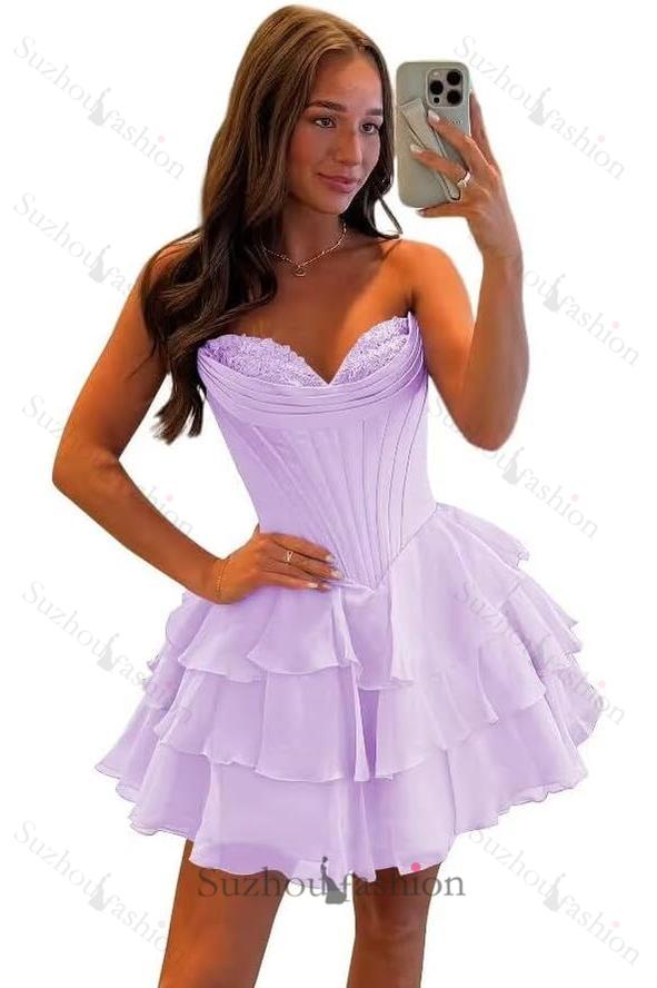 Corset Tiered A Line Homecoming Dresses Chiffon Short Cocktail Dresses