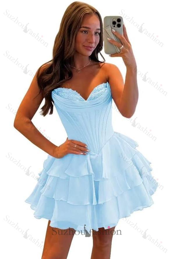 Corset Tiered A Line Homecoming Dresses Chiffon Short Cocktail Dresses