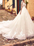 Country A-Line V-Neck Wedding Dress Tulle Lace 3/4 Sleeves Bridal Gowns with Train