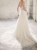 Country A-Line Wedding Dress Jewel Lace Tulle Long Sleeve Plus Size Bridal Gowns Sweep Train