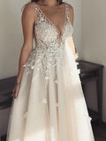 Country A-Line Wedding Dress Plunging Neck Lace Tulle Sleeveless Sexy See-Through Plus Size Bridal Gowns