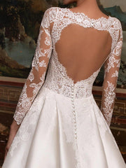 Country A-Line Wedding Dress V-neck Lace Satin Long Sleeves Sexy Backless Bridal Gowns with Court Train