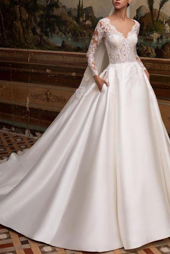 Country A-Line Wedding Dress V-neck Lace Satin Long Sleeves Sexy Backless Bridal Gowns with Court Train