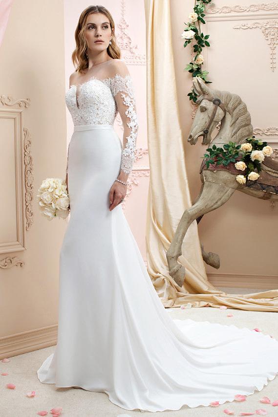 Country A line Chiffon Wedding Dress Long Sleeves Lace Appliques Bridal Gowns Online