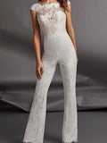 Country Jumpsuits Wedding Dress Jewel Detachable Lace Tulle Cap Sleeve Plus Size Bridal Gowns