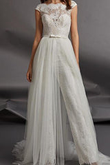 Country Jumpsuits Wedding Dress Jewel Detachable Lace Tulle Cap Sleeve Plus Size Bridal Gowns