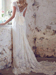 Country Mermaid Beach Wedding Dress V-Neck Lace Short Sleeve Plus Size Bridal Gowns Court Train