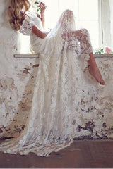 Country Mermaid Wedding Dress V-Neck Lace Short Sleeve Plus Size Bridal Gowns Court Train