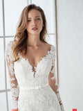 Country Mermaid Wedding Dress V-Neck Lace Tulle Long Sleeves Bridal Gowns with Sweep Train