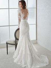 Country Mermaid Wedding Dress V-Neck Lace Tulle Long Sleeves Bridal Gowns with Sweep Train
