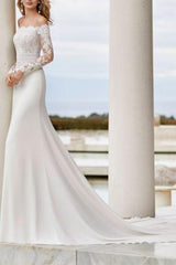 Country Mermaid Wedding Dresses Off Shoulder Lace Satin Long Sleeve See-Through Bridal Gowns with Court Train