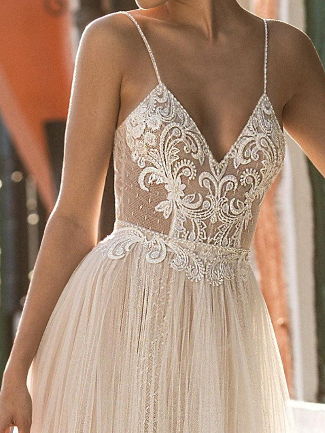 Country Plus Size A-Line Beach Wedding Dress Spaghetti Strap Sleeveless Bridal Gowns On Sale