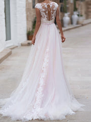 Country Plus Size A-Line Wedding Dress Jewel Lace Taffeta Chiffon Short Sleeve Bridal Gowns with Sweep Train