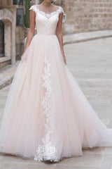 Country Plus Size A-Line Wedding Dress Jewel Lace Taffeta Chiffon Short Sleeve Bridal Gowns with Sweep Train