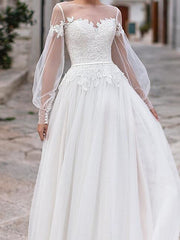 Country Plus Size A-Line Wedding Dress Jewel Lace Tulle Long Sleeve Bridal Gowns