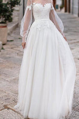 Country Plus Size A-Line Wedding Dress Jewel Lace Tulle Long Sleeve Bridal Gowns