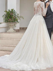 Country Plus Size A-Line Wedding Dress Jewel Lace Tulle Long Sleeves See-Through Bridal Gowns with Sweep Train