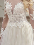 Country Plus Size A-Line Wedding Dress Jewel Lace Tulle Long Sleeves See-Through Bridal Gowns with Sweep Train