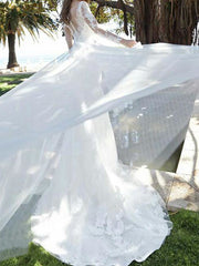 Country Plus Size A-Line Wedding Dress Jewel Tulle Long Sleeve Bridal Gowns with Court Train