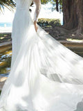 Country Plus Size A-Line Wedding Dress Jewel Tulle Long Sleeve Bridal Gowns with Court Train