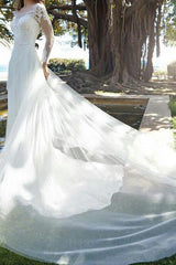 Country Plus Size A-Line Wedding Dress Jewel Tulle Long Sleeve Bridal Gowns with Court Train