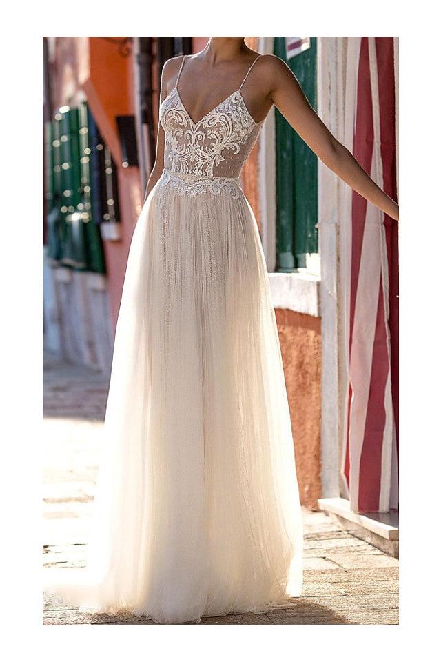 Country Plus Size A-Line Wedding Dress Spaghetti Strap Sleeveless Bridal Gowns On Sale